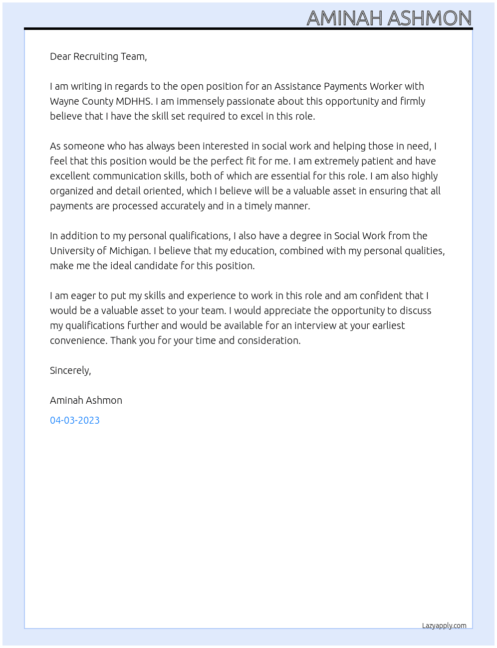 Assistance Payments Worker At Wayne County MDHHS Cover Letter