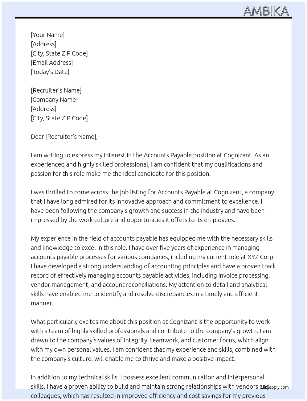 accounts payable At Cognizant Cover Letter