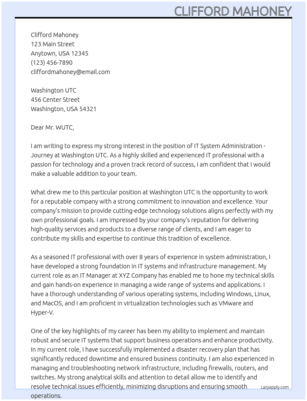 IT System Administration - Journey At Washington UTC Cover Letter