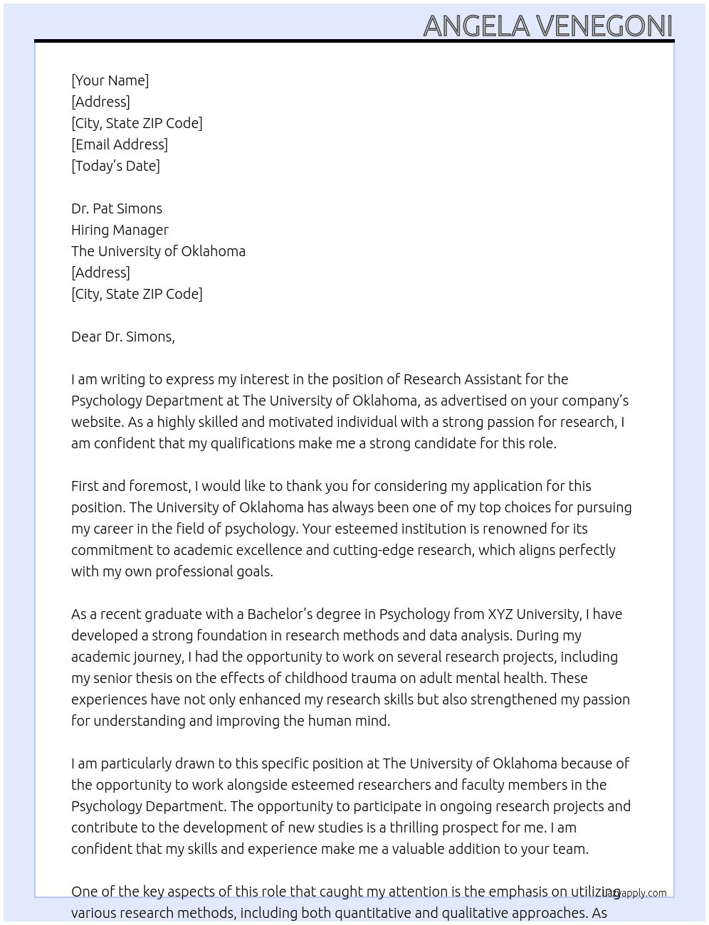 research assistant for the Psychology Department At The University of Oklahoma Cover Letter