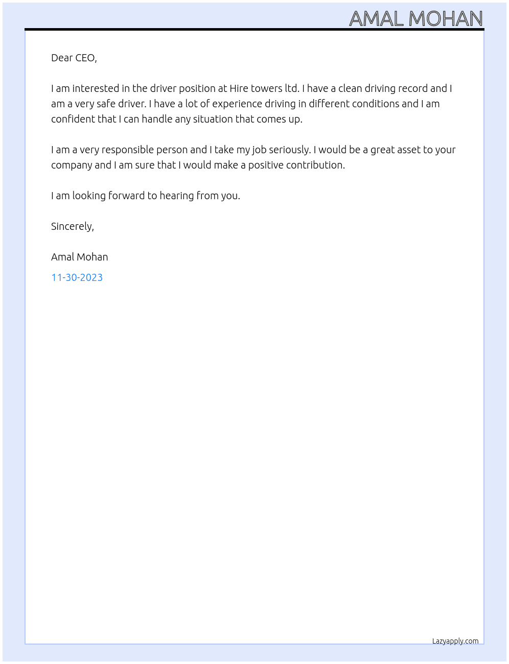 Driver At Hire towers ltd Cover Letter