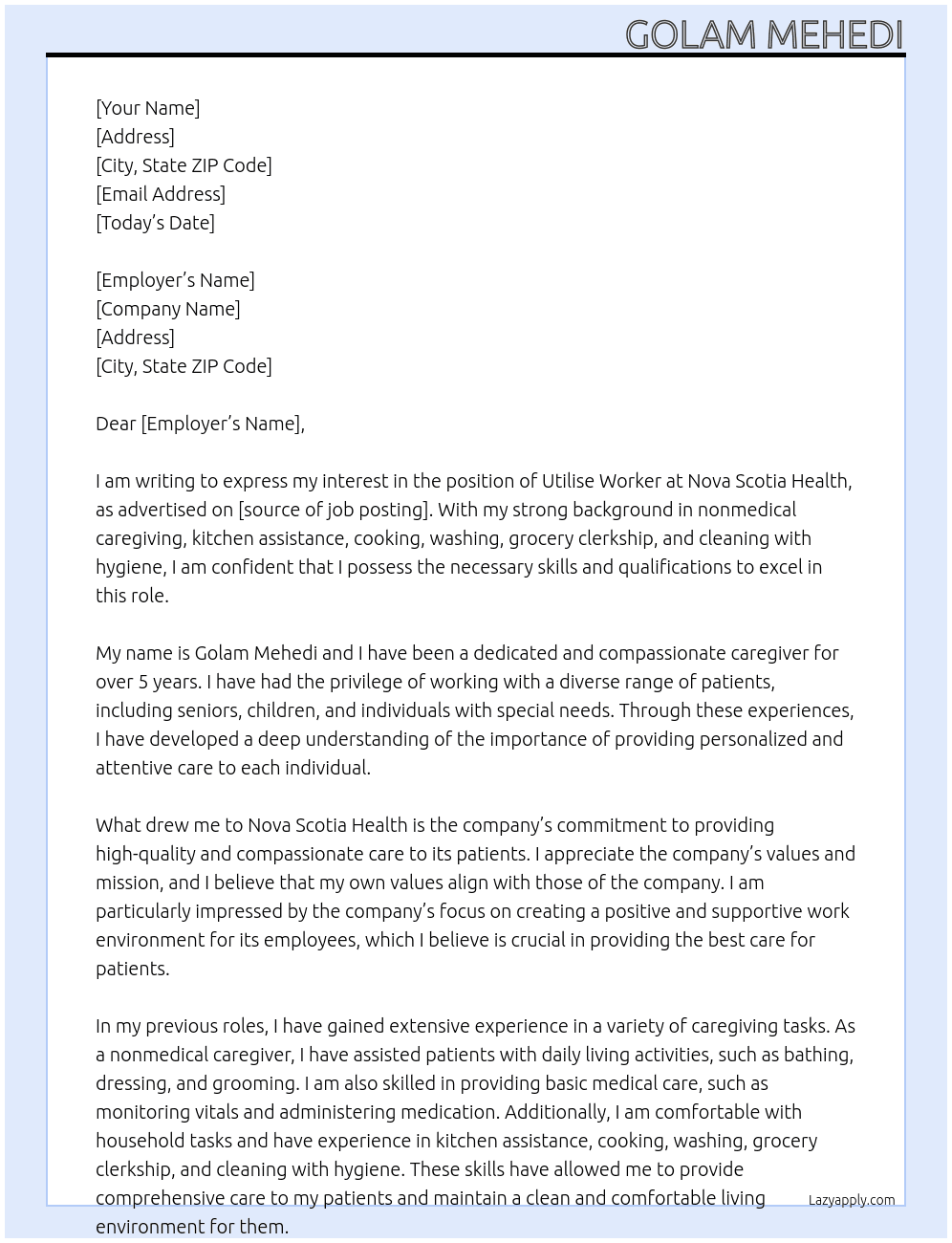 Utilise Worker At Nova Scotia Health Cover Letter
