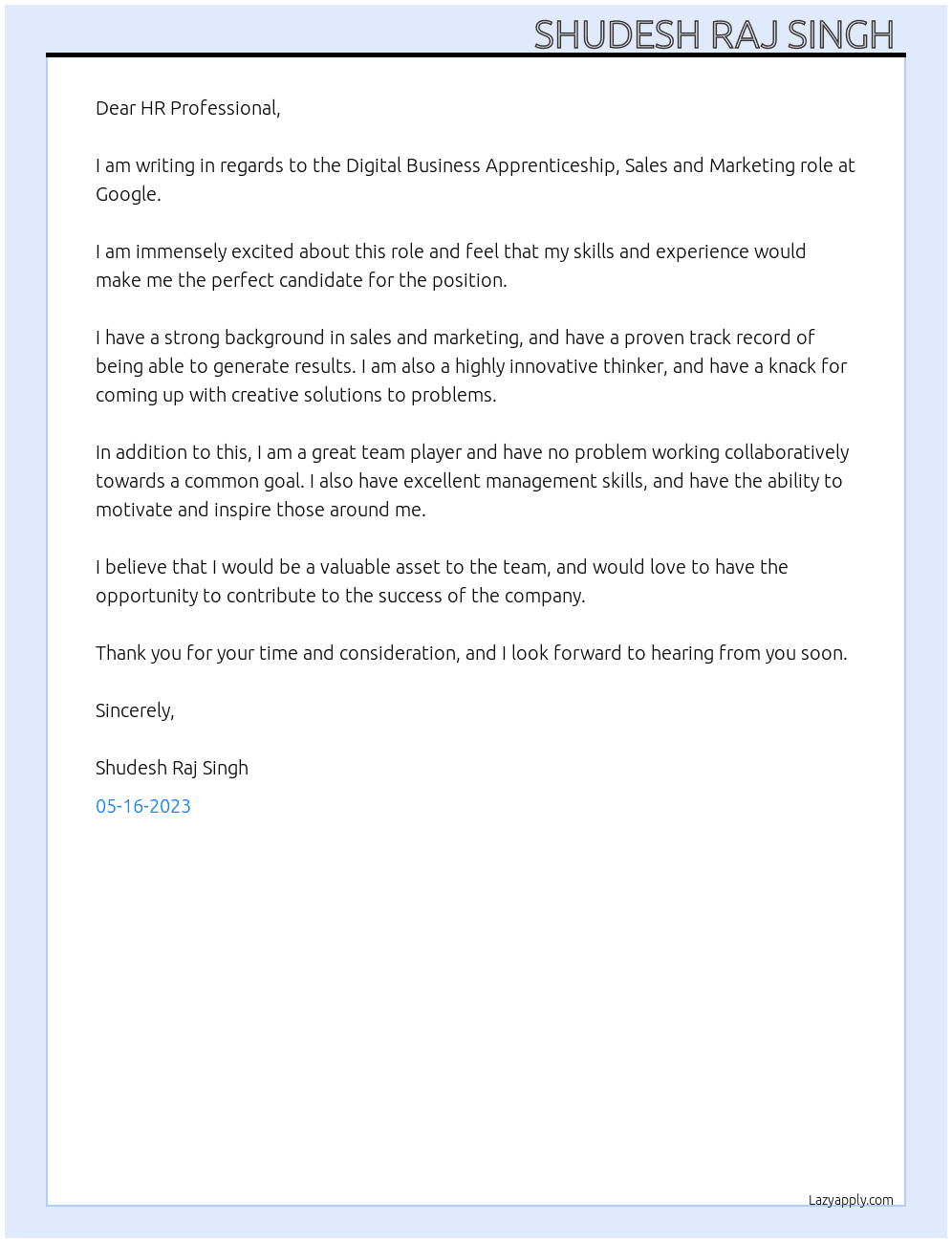 Digital Business Apprenticeship, Sales and Marketing At Google  Cover Letter