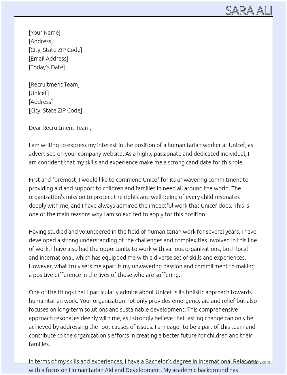 humanitarian work At Unicef Cover Letter