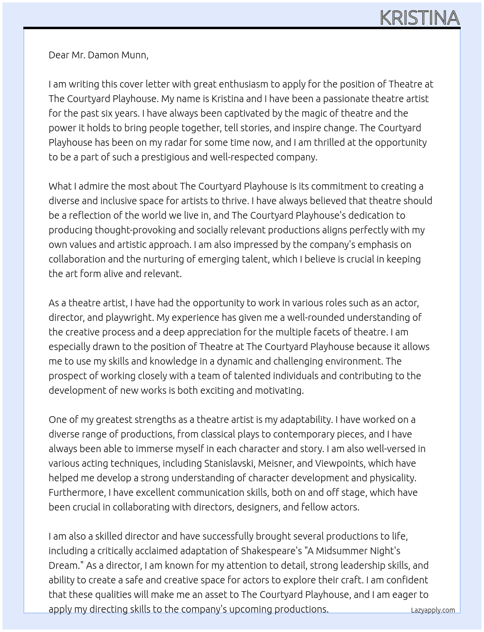 Theatre At The Courtyard Playhouse Cover Letter