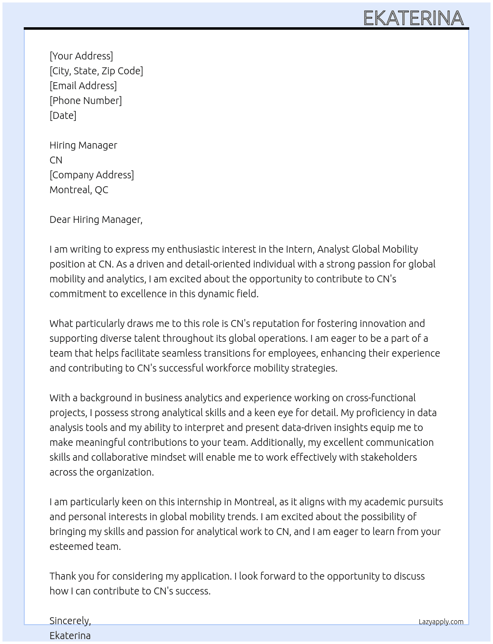 Intern, Analyst Global Mobility At CN Cover Letter