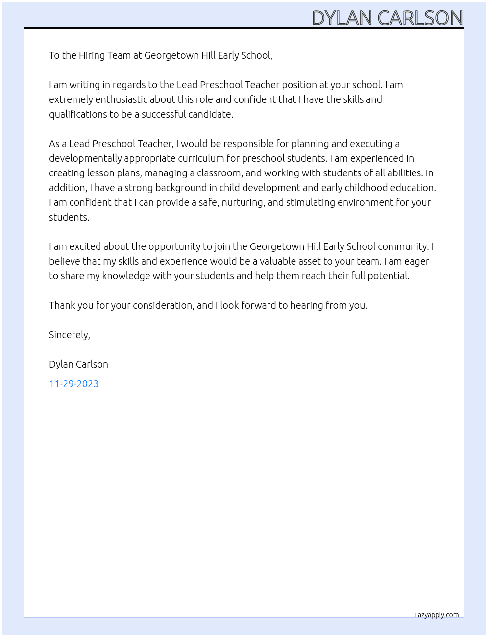 Lead Preschool Teacher At Georgetown Hill Early School Cover Letter