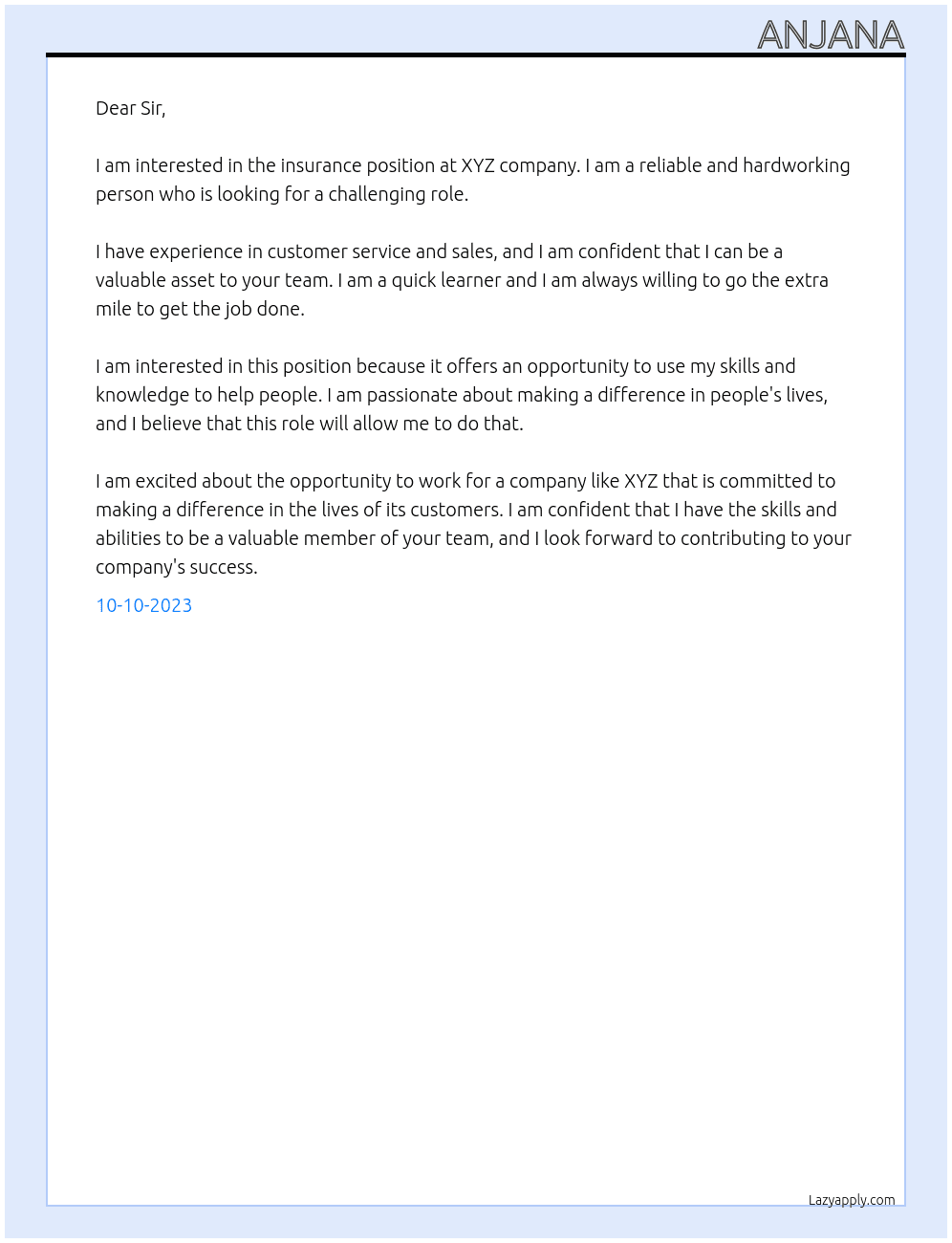 Insurance  At xyz Cover Letter