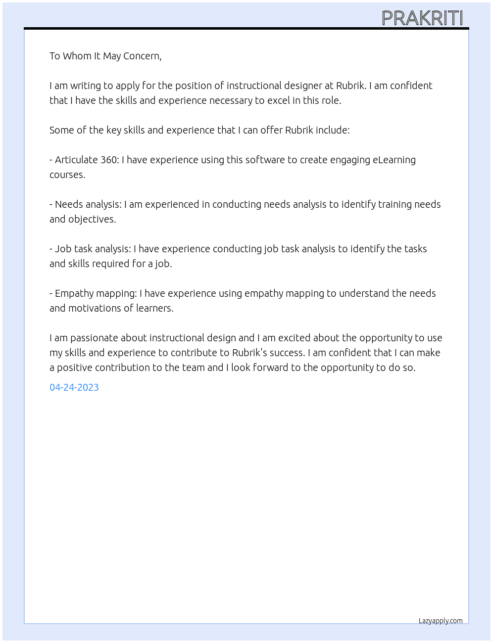 Instructional designer  At Rubrik  Cover Letter