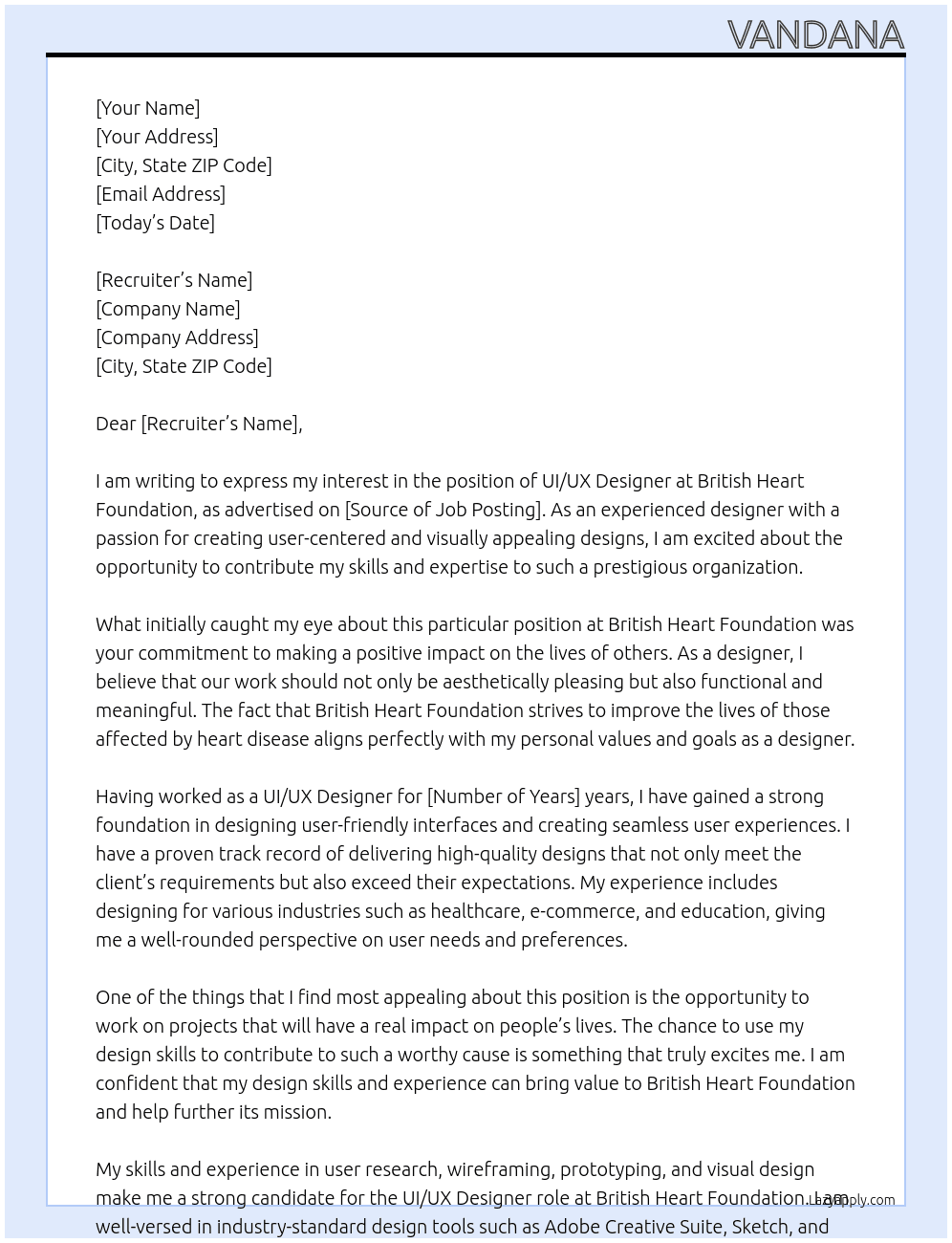 UI/UX Designer At British Heart Foundation Cover Letter