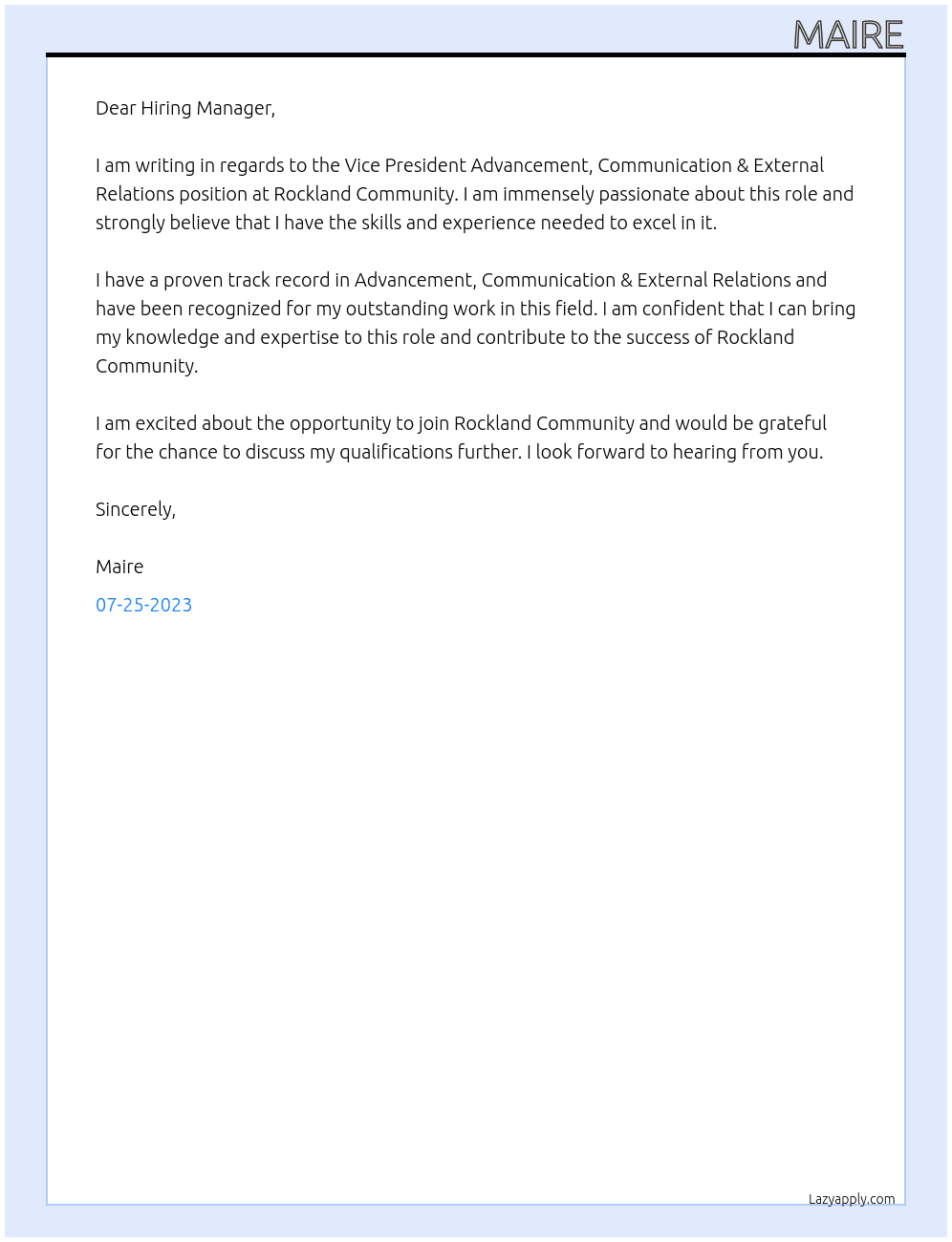 Vice President Advancement, Communication & External Relations At Rockland Community Cover Letter