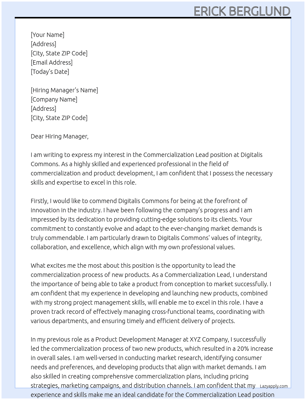 Commercialization Lead At Digitalis Commons Cover Letter
