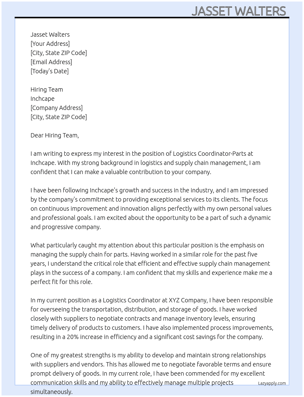 Logistics coordinator-parts At Inchcape  Cover Letter