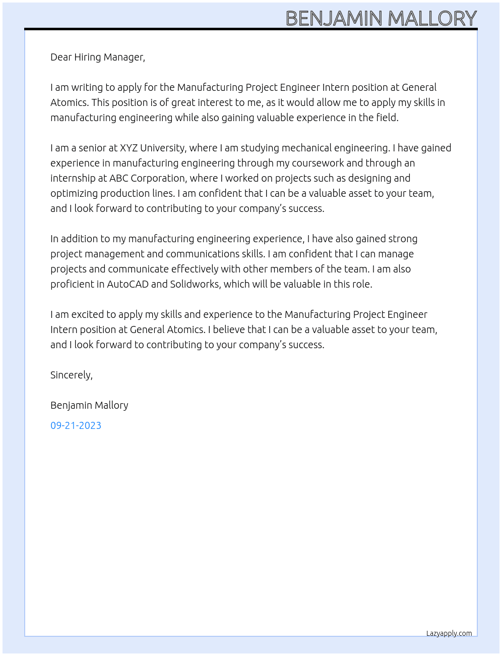 Manufacturing Project Engineer Intern At General Atomics Cover Letter