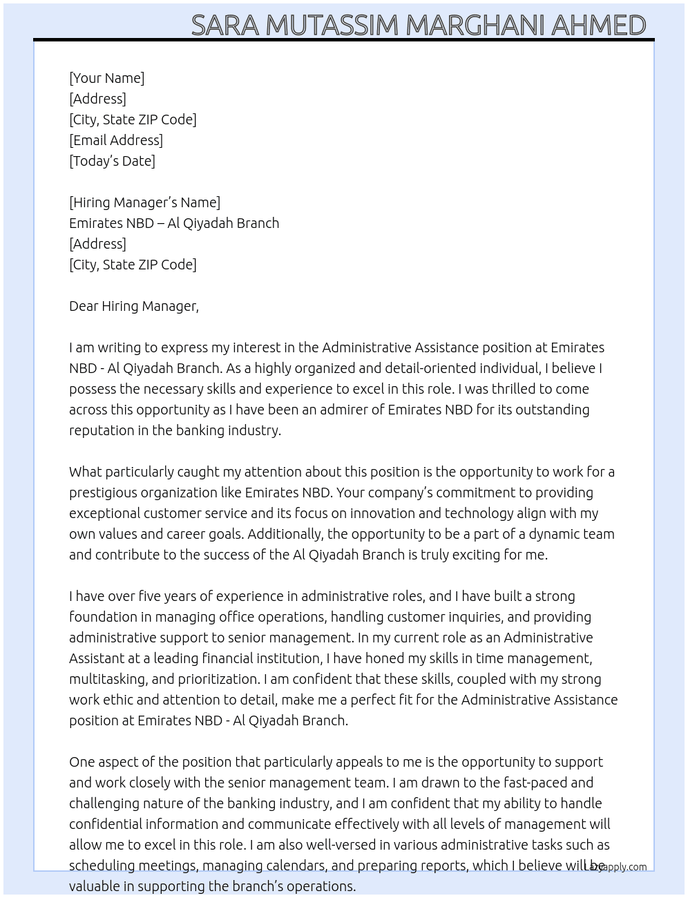 Administrative Assistance  At Emirates NBD - Al Qiyadah Branch Cover Letter