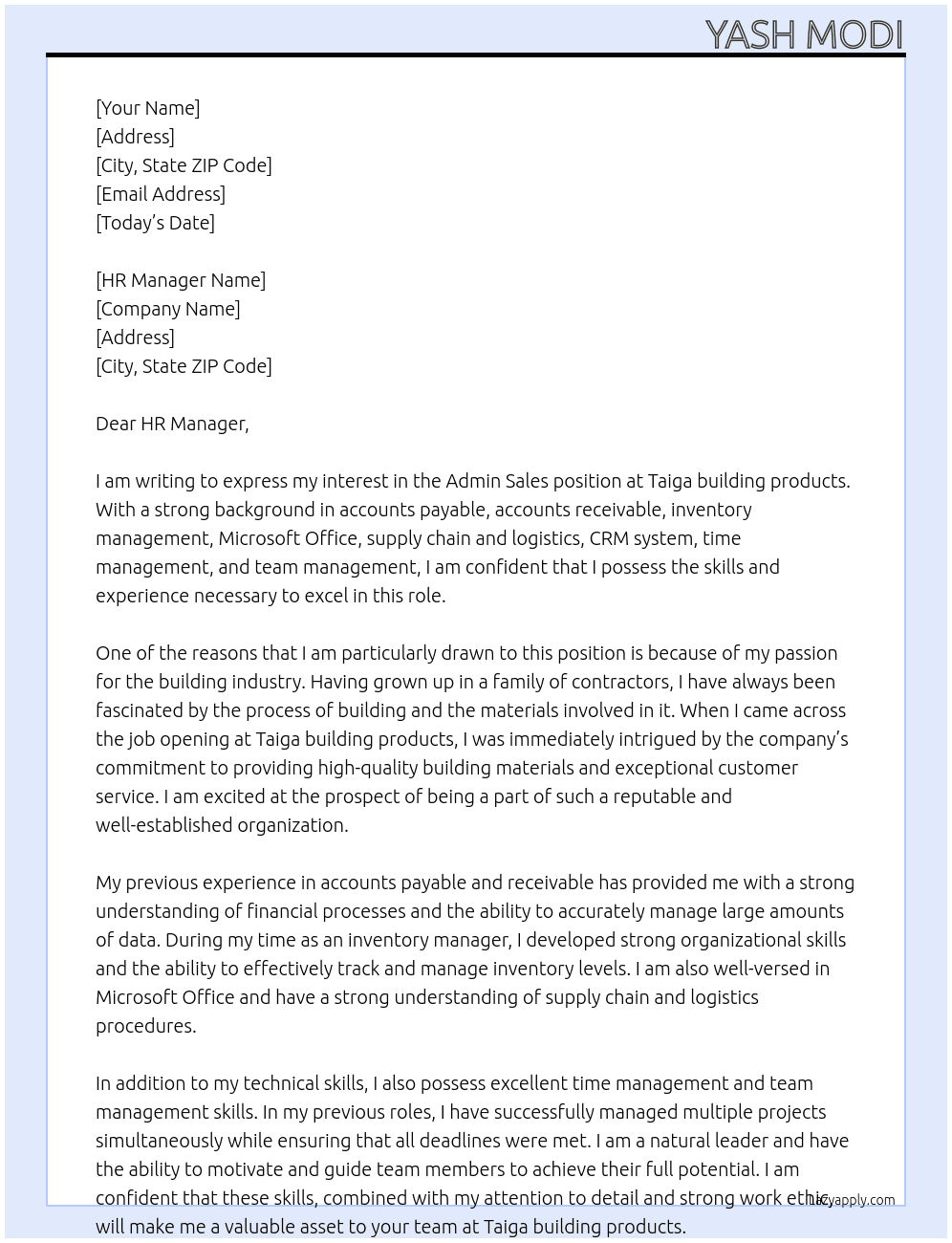 Admin Sales At Taiga building products Cover Letter