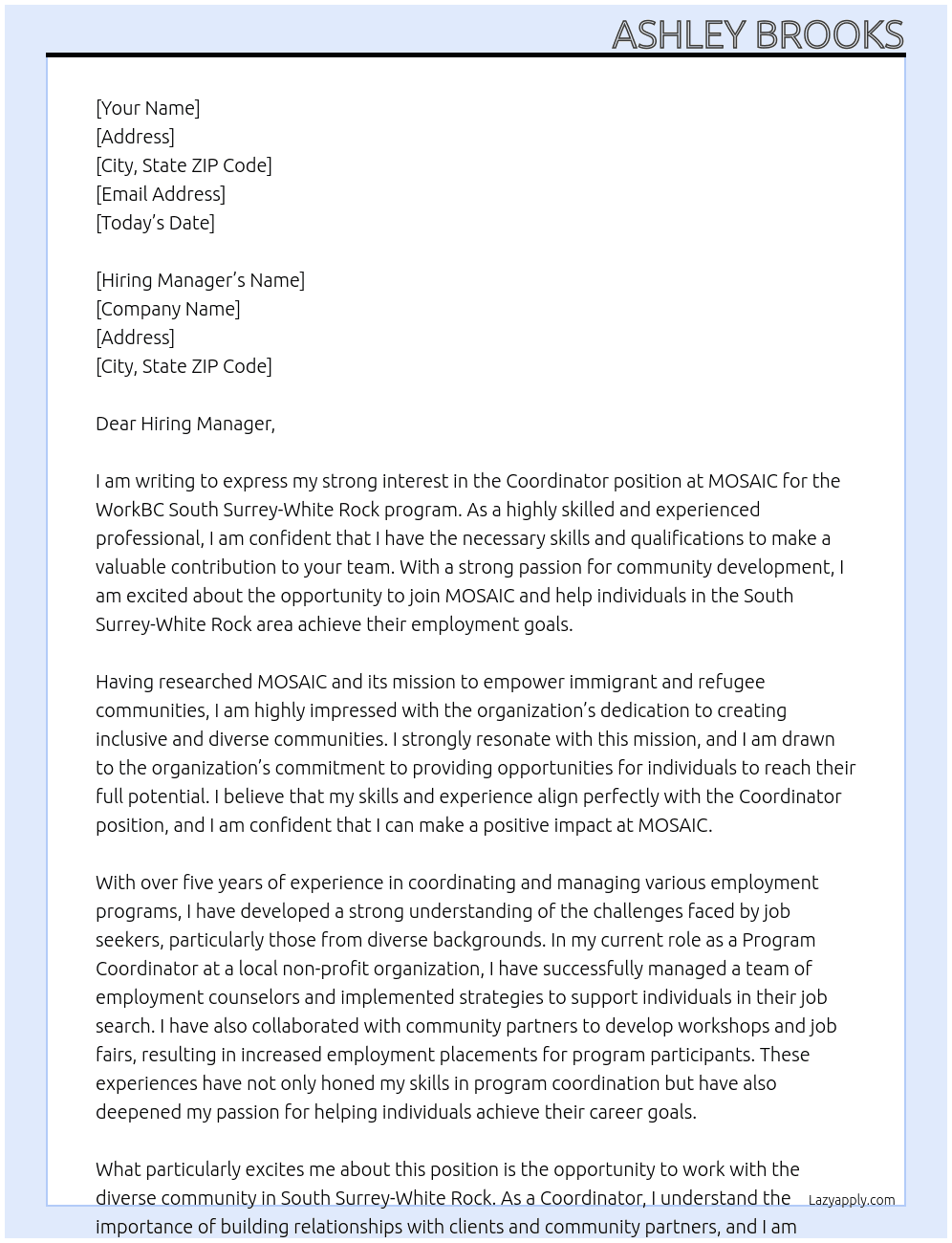 Coordinator- WorkBC South Surrey-White Rock At MOSAIC Cover Letter
