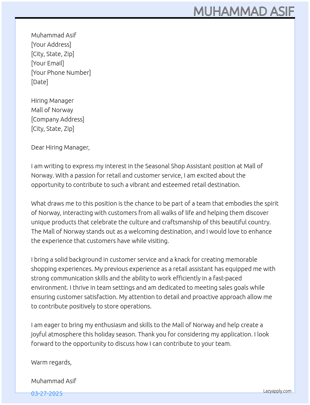 Seasonal Shop Assistant at Mall of Norway At Mall of Norway Cover Letter