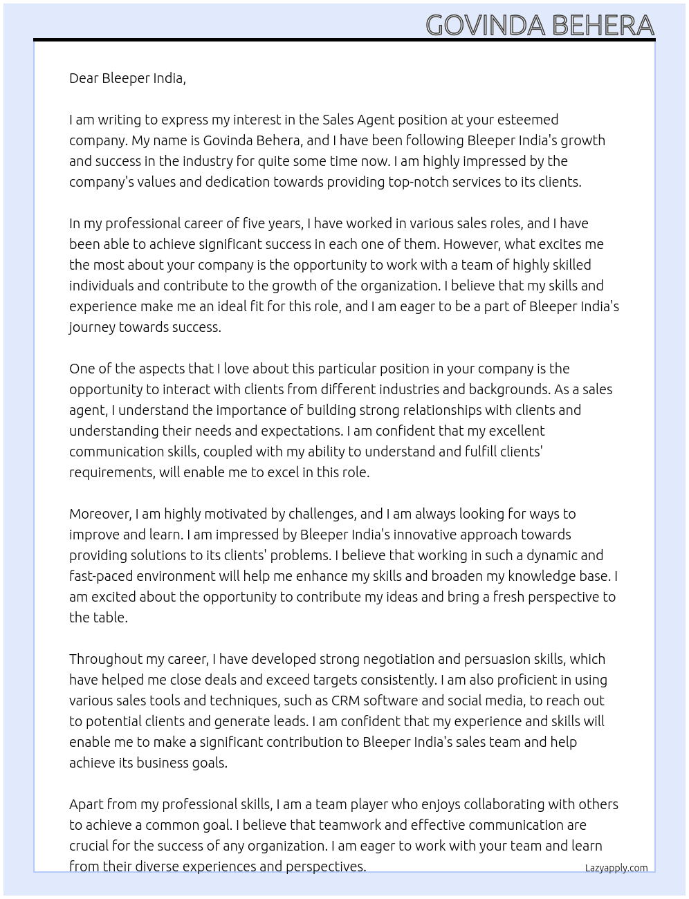 Sales agent At Bleeper India Cover Letter