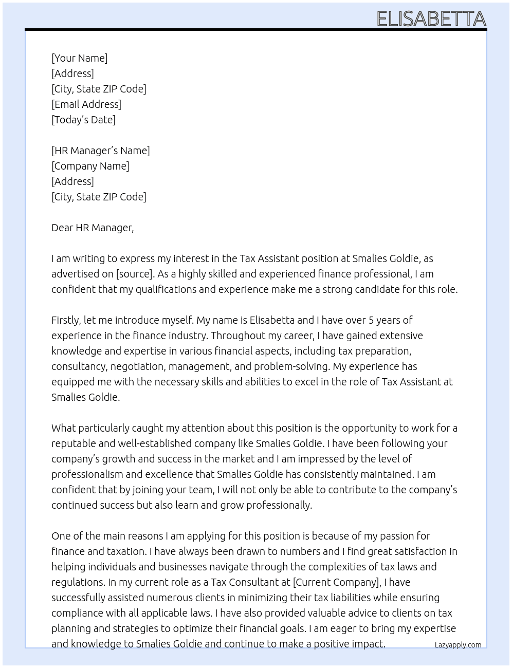 Tax assistant At Smalies Goldie Cover Letter