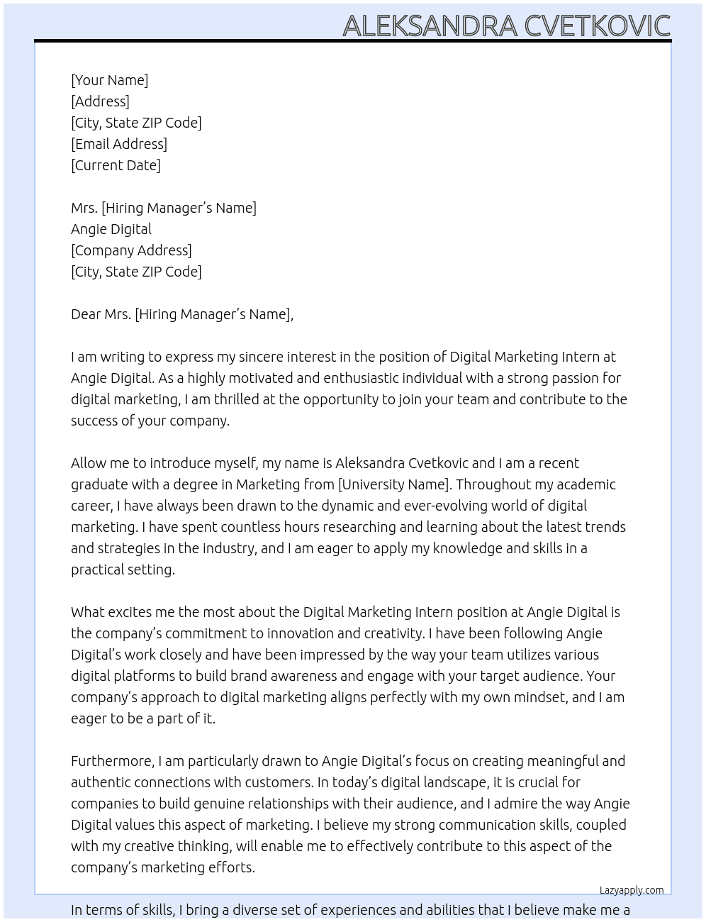 Digital Marketing Intern At Angie Digital Cover Letter