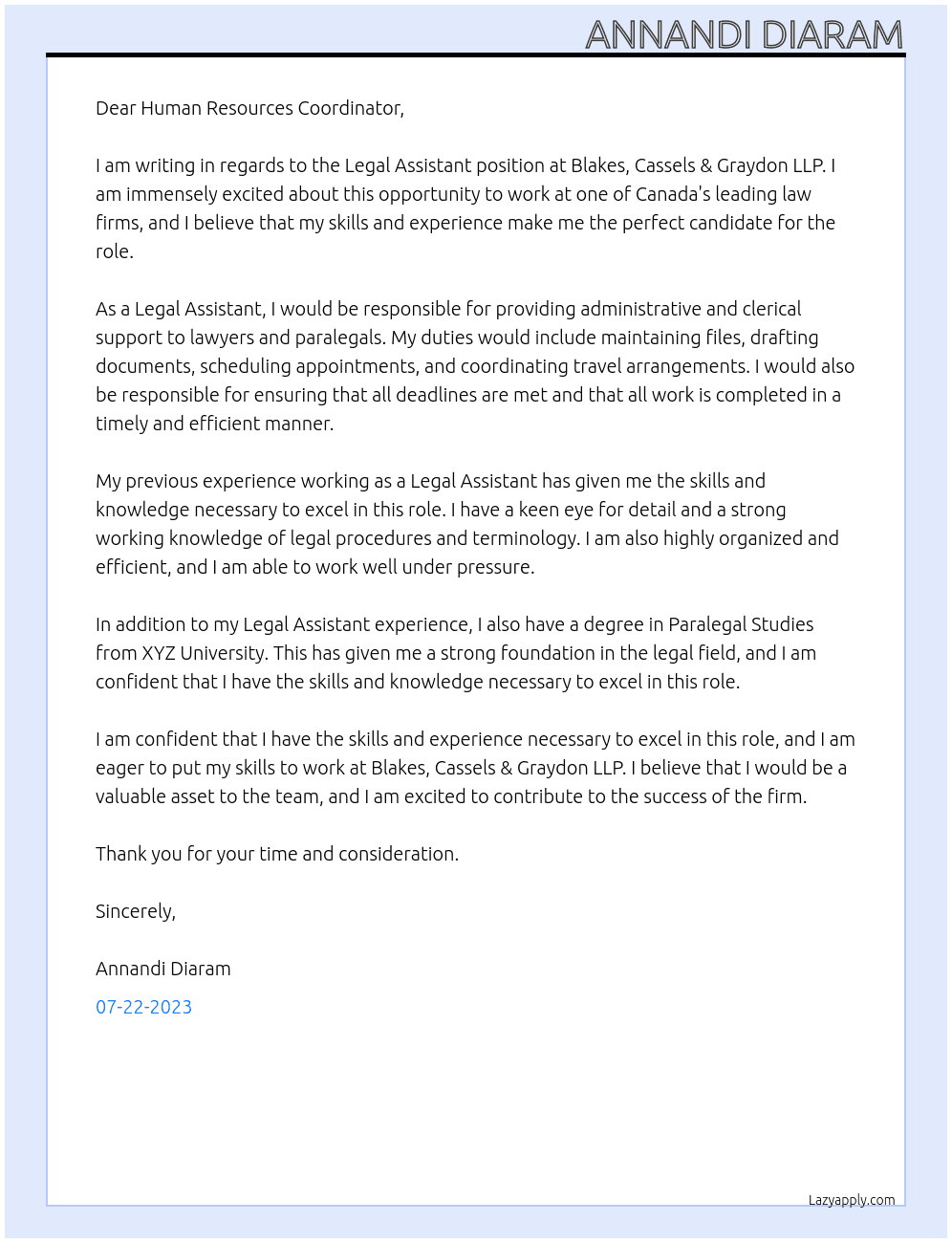 Legal Assistant At Blakes, Cassels & Graydon LLP Cover Letter