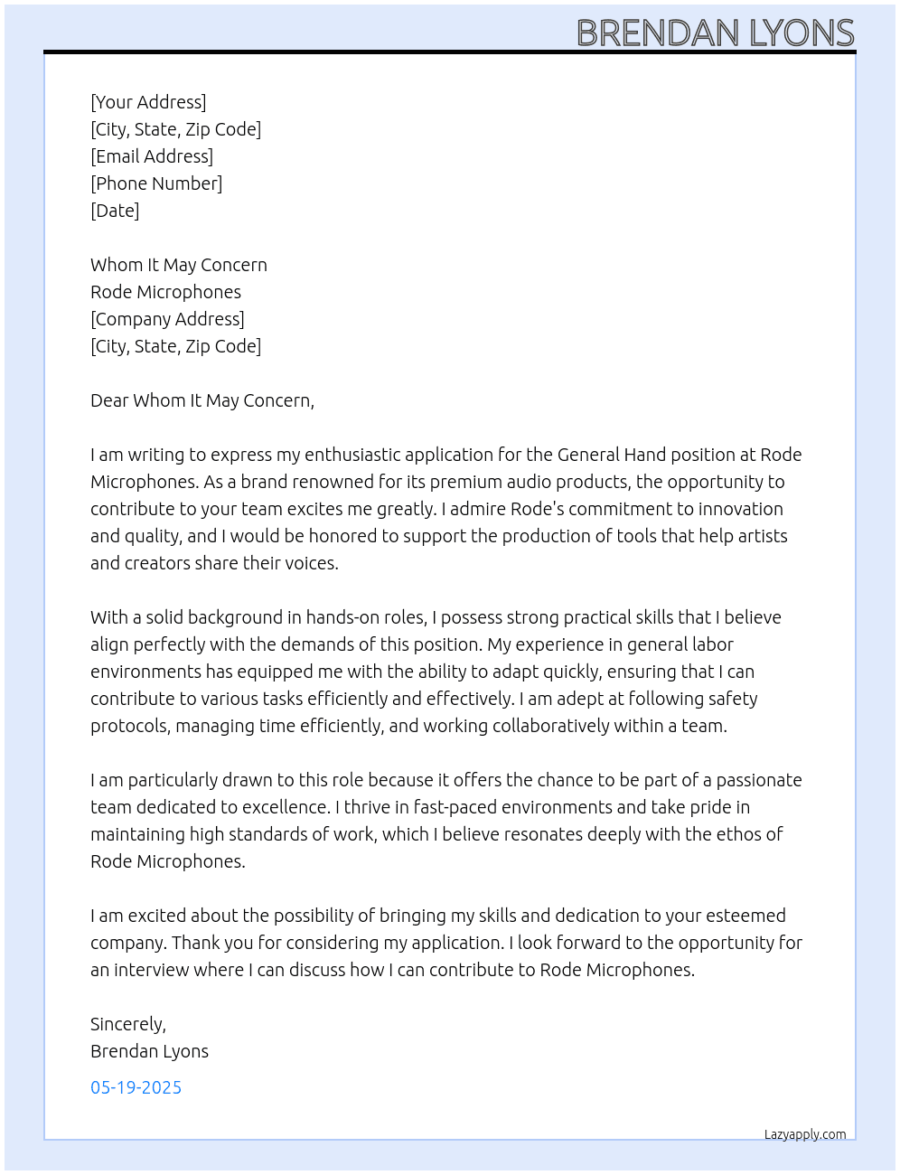 General Hand At Rode Microphones Cover Letter