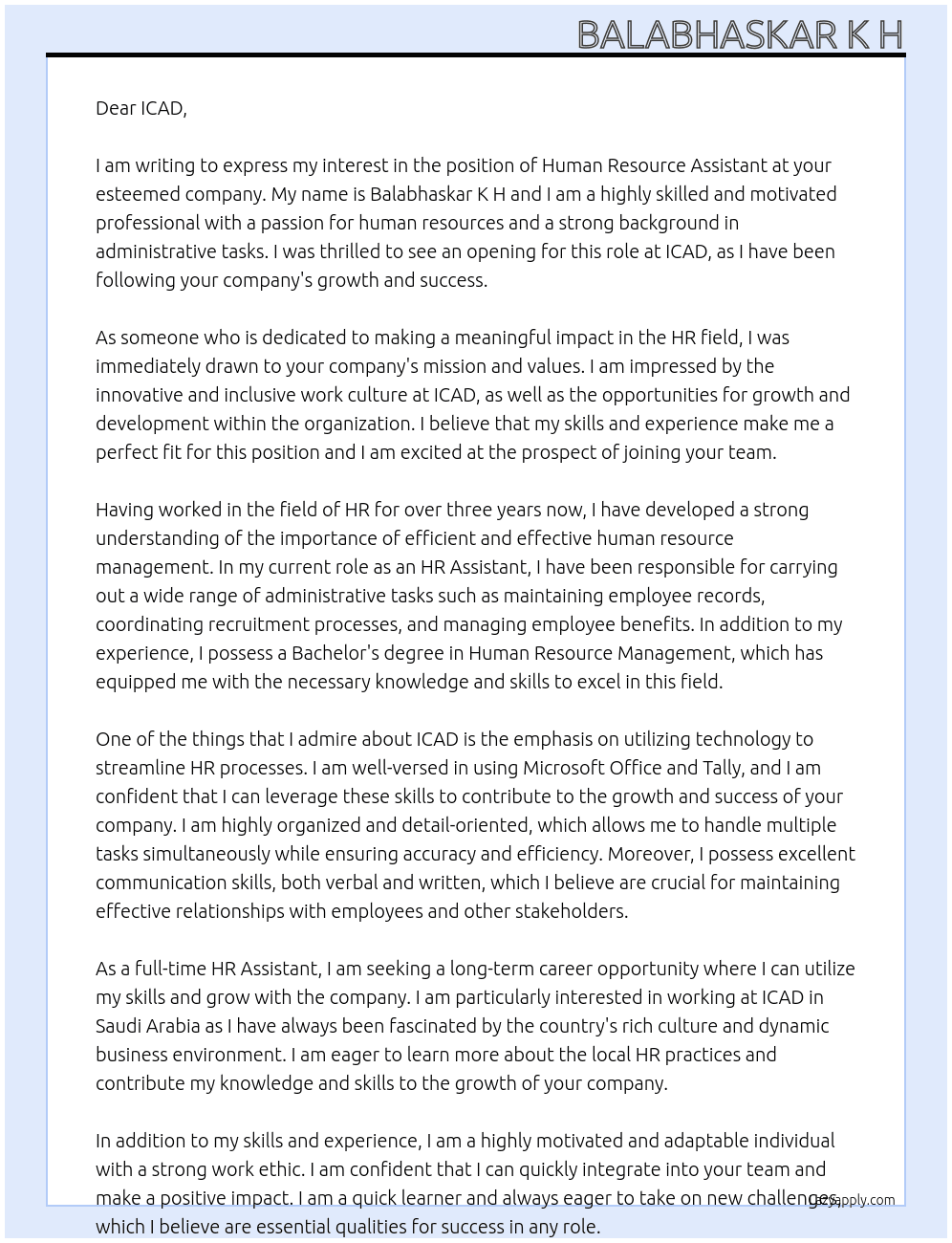 Human resource Assistant  At ICAD Cover Letter