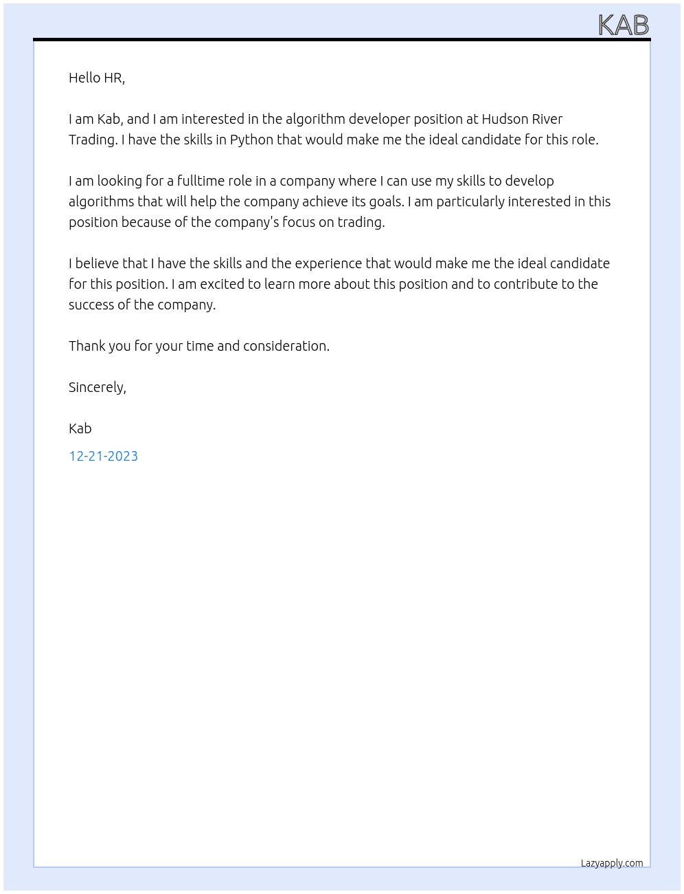 algorithm developer At Hudson river trading Cover Letter