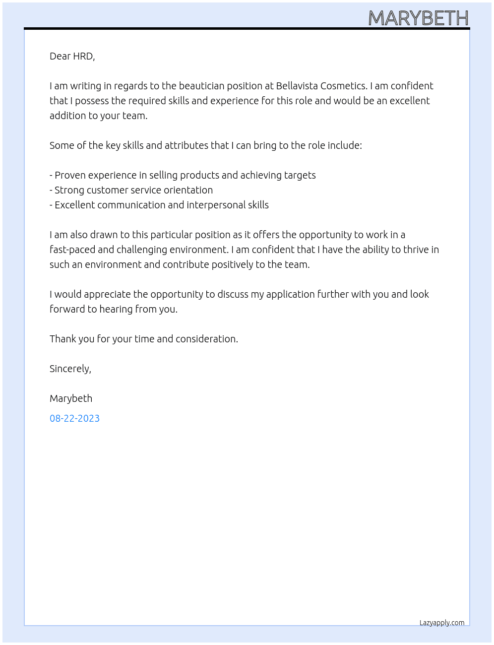 Beautician  At Bellavista Cosmetics Cover Letter