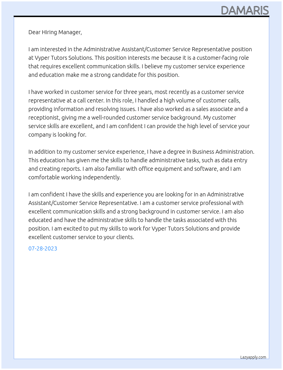 Administrative Assistant/Customer Service Representative  At Vyper tutors solutions Cover Letter