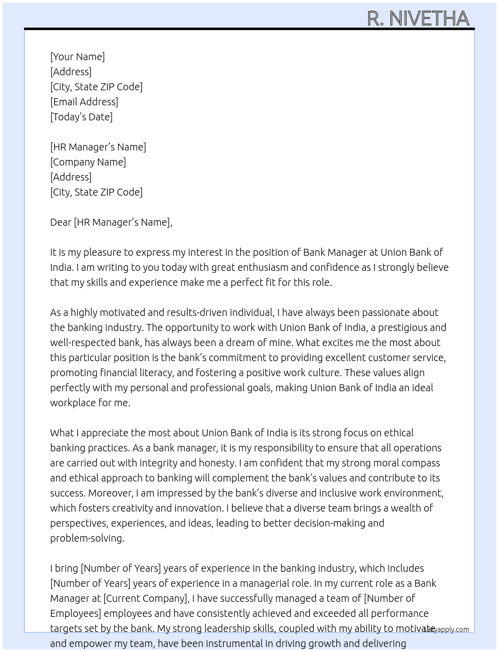 Bank manager  At Union Bank of India  Cover Letter