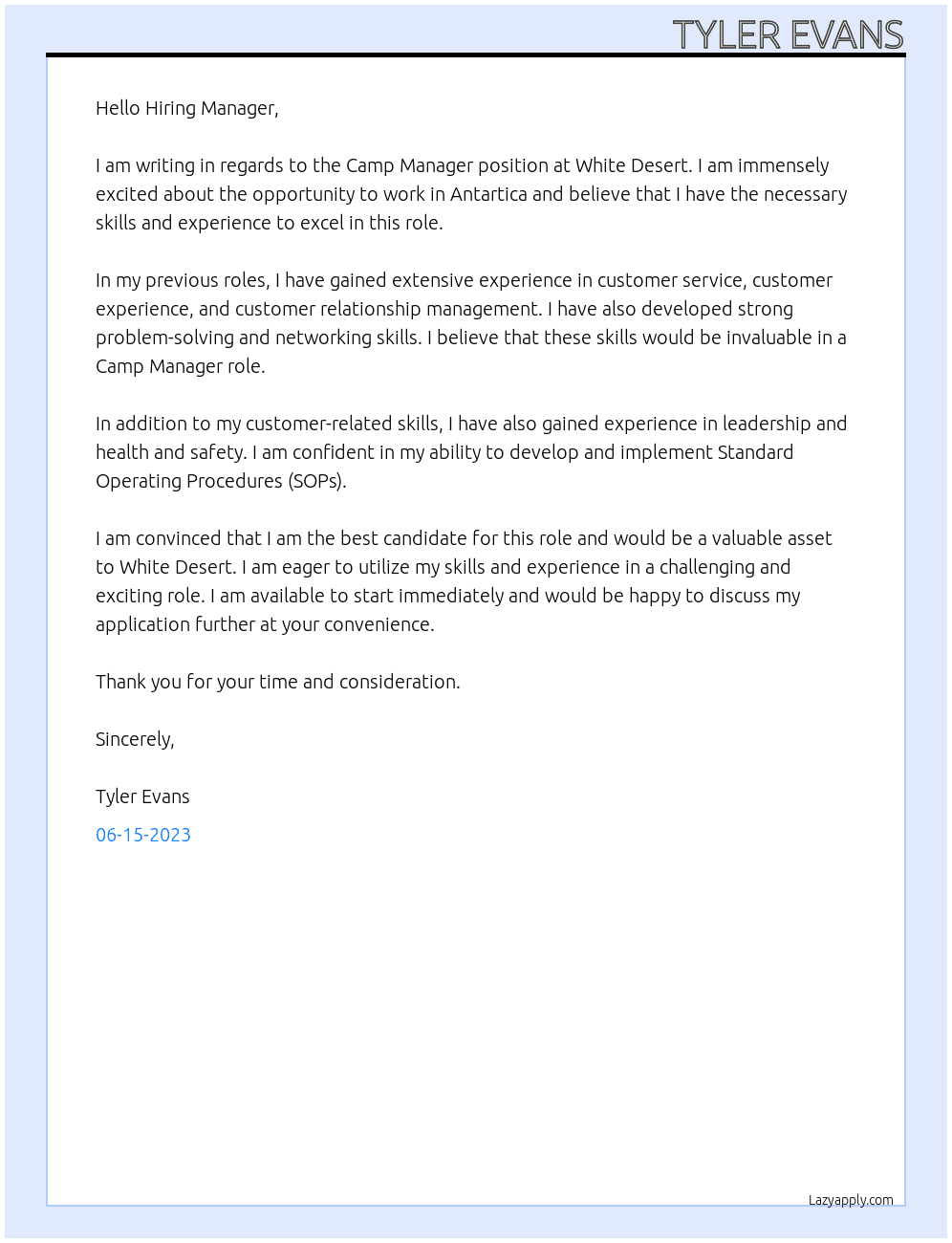 Camp Manager At White Desert Cover Letter