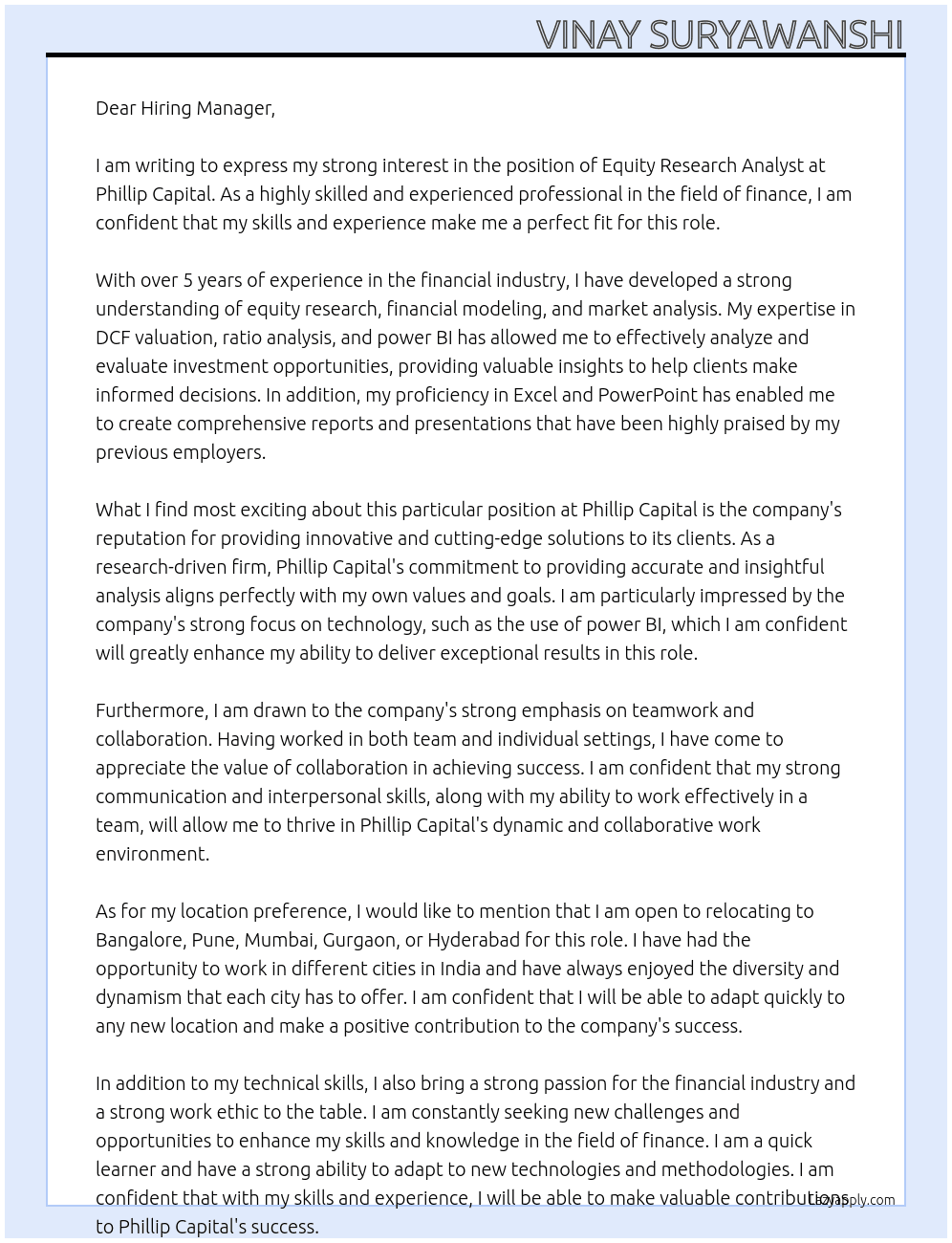 Equity Research Analyst At Phillip Capital Cover Letter