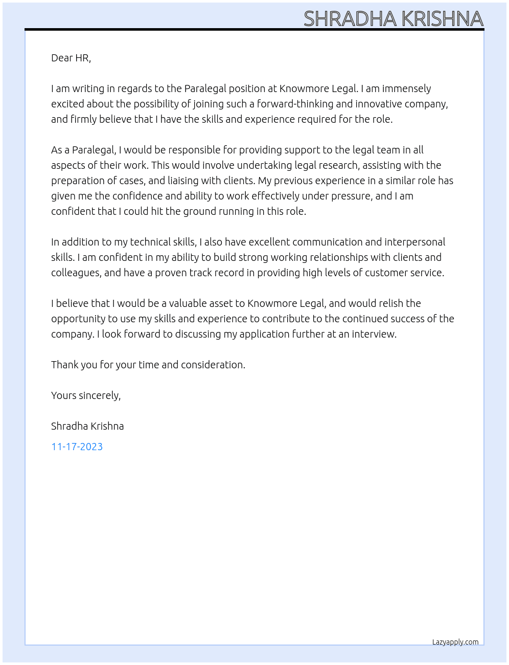 Paralegal At Knowmore Legal Cover Letter