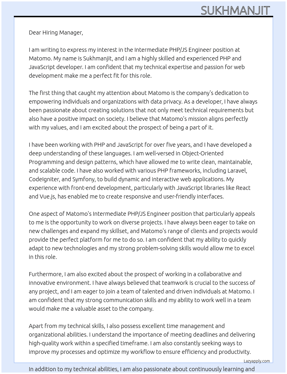 Intermediate PHP/JS Engineer At Matomo Cover Letter