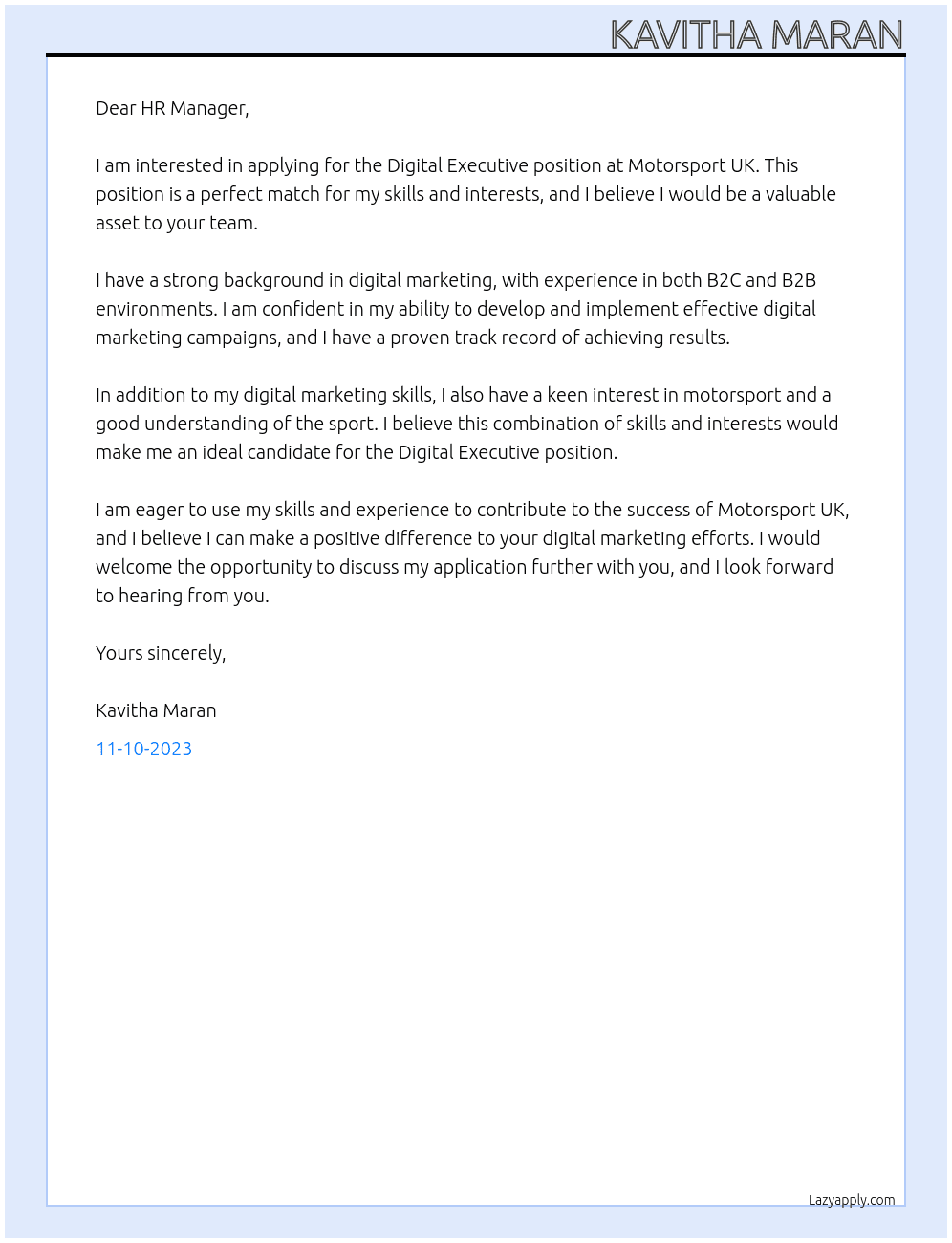 Digital Executive At Motorsport UK Cover Letter