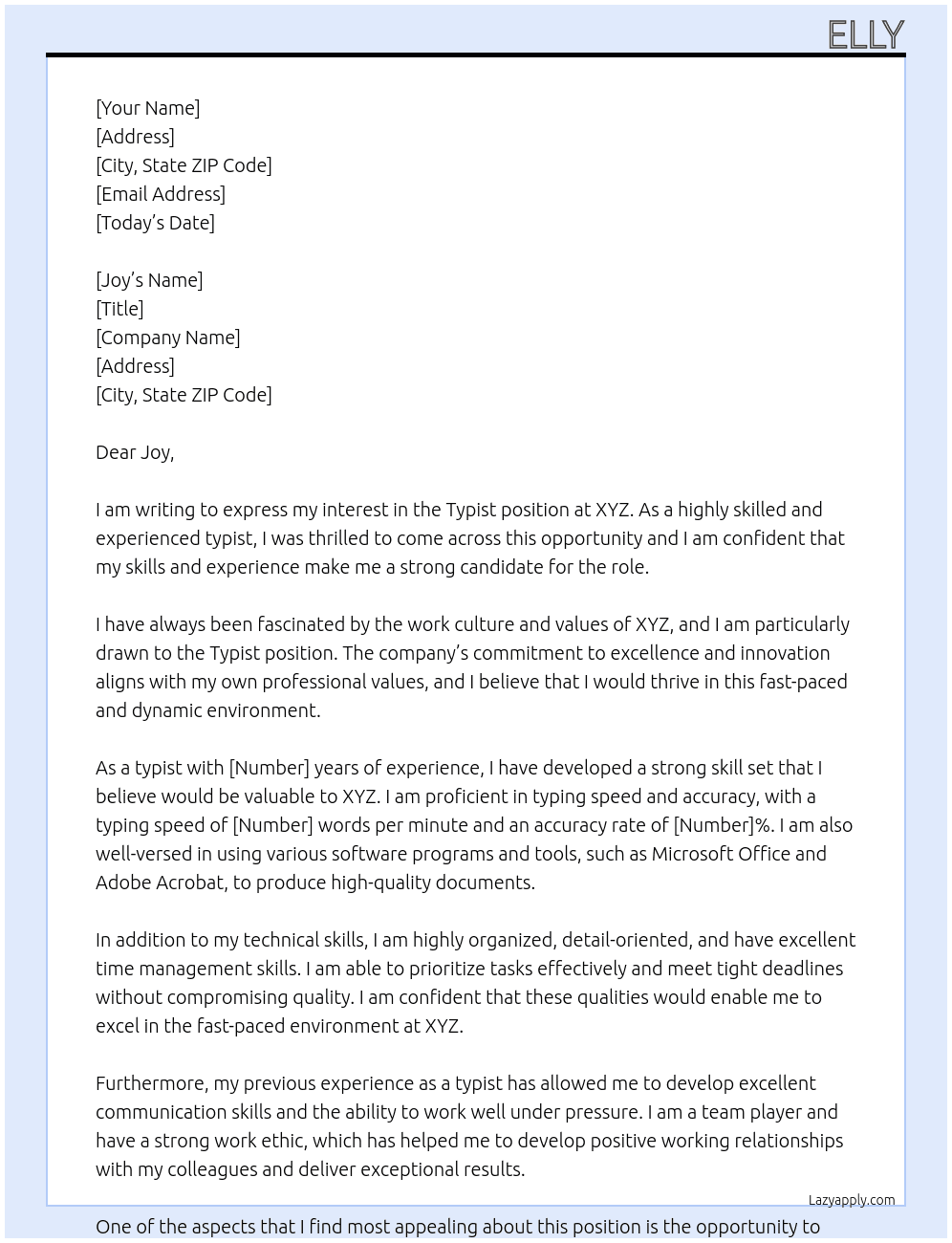 TYPIST At XYZ Cover Letter