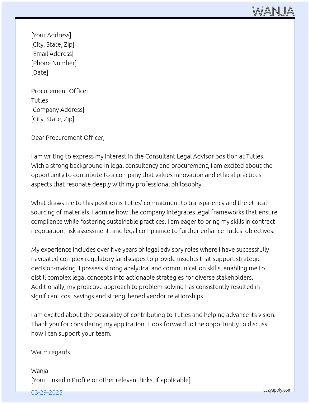Consultant Legal Advisor  At Tutles Cover Letter