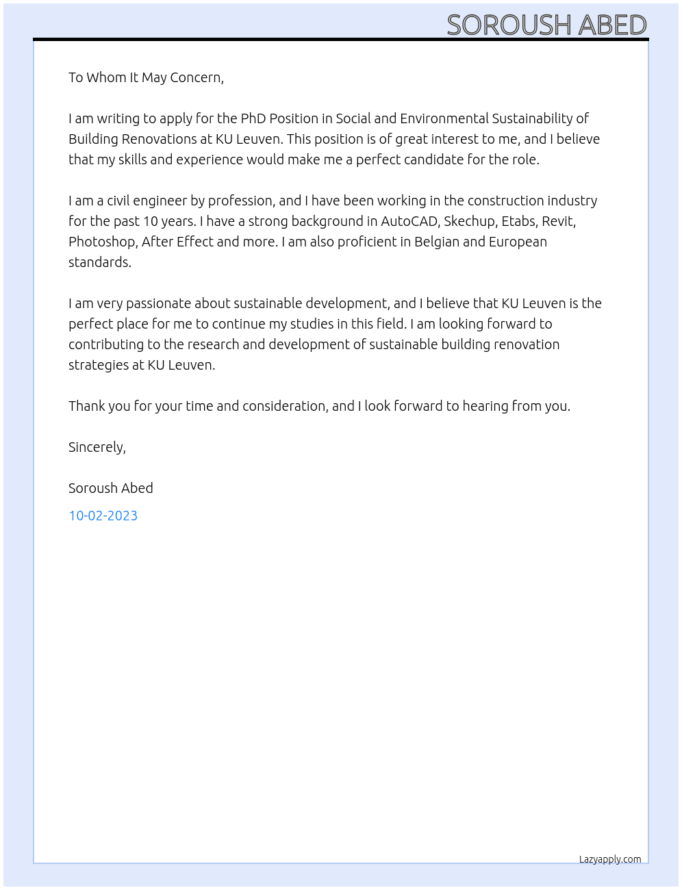 PhD Position in Social and Environmental Sustainability of Building Renovations At KU Leuven Cover Letter