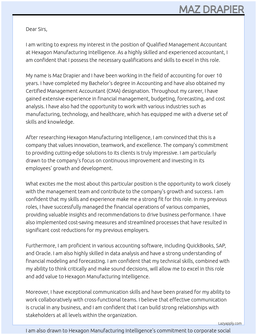 Qualified Management Accountant At Hexagon Manufacturing Intelligence Cover Letter