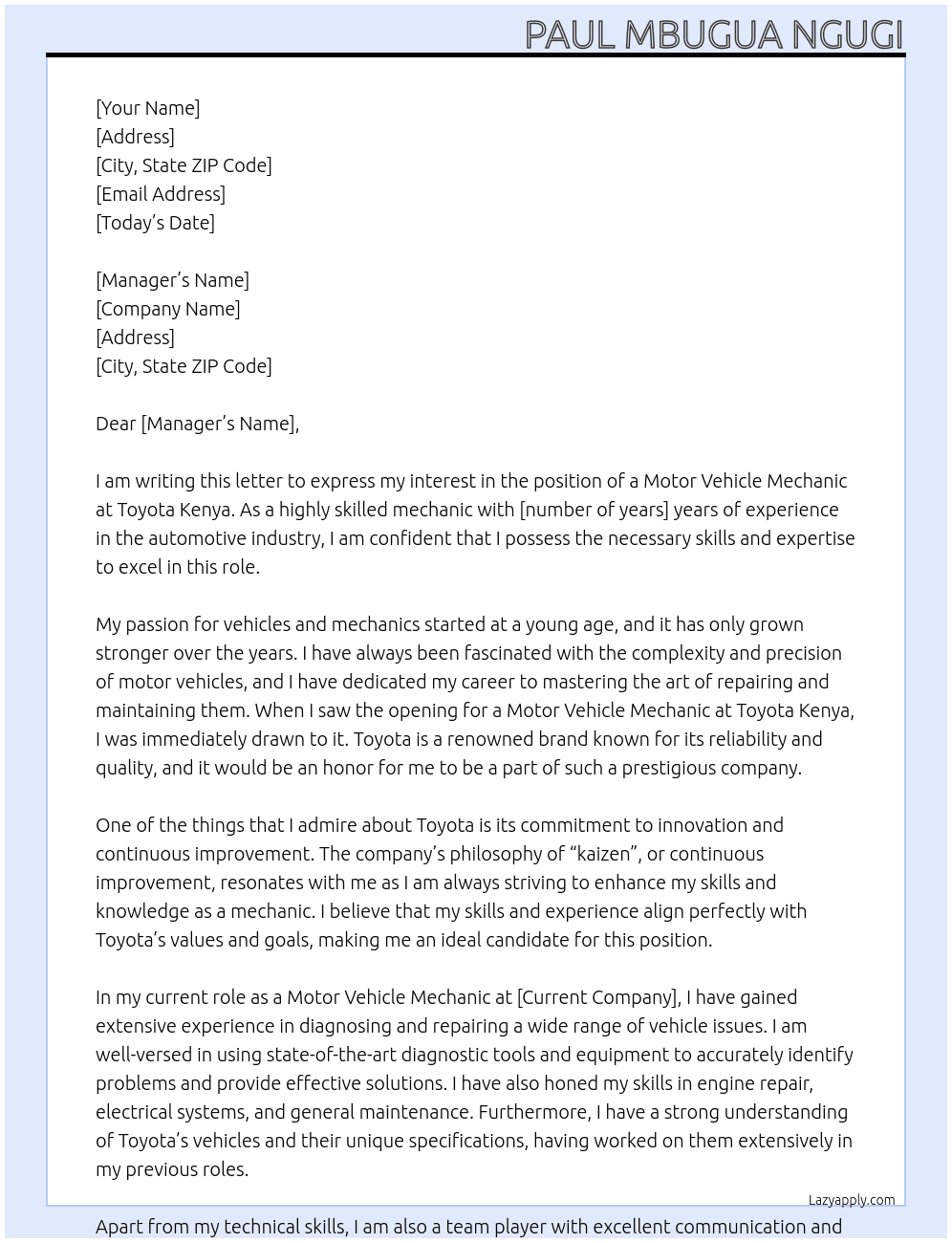 motor vehicle mechanic At TOYOTA KENYA Cover Letter