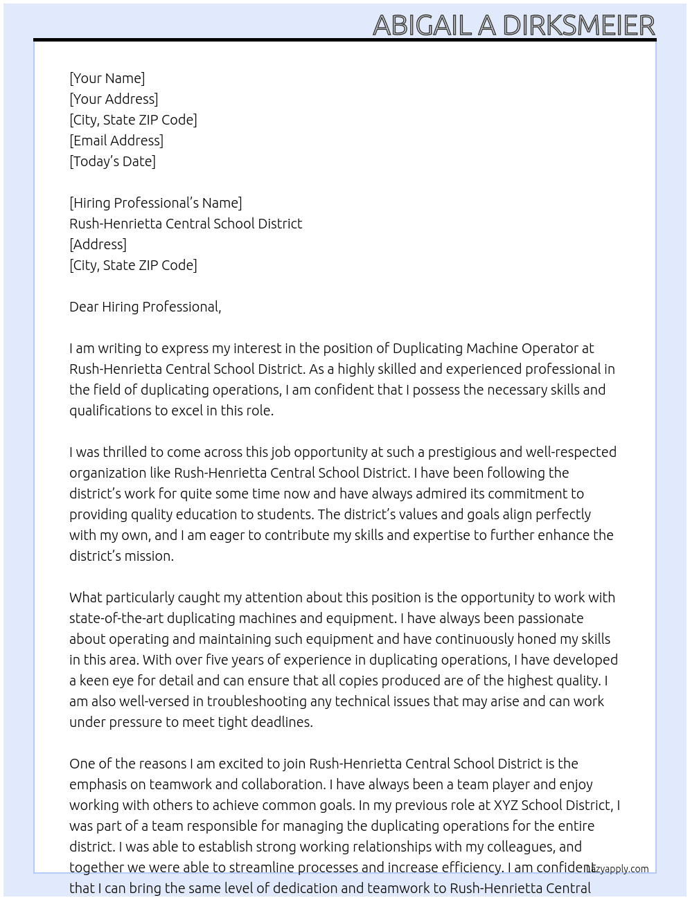 Duplicating Machine Operator At Rush-Henrietta Central School District Cover Letter