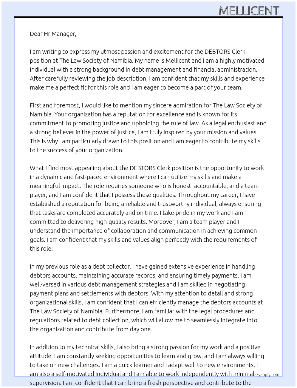 DEBTORS Clerk  At The Law Society of Namibia  Cover Letter
