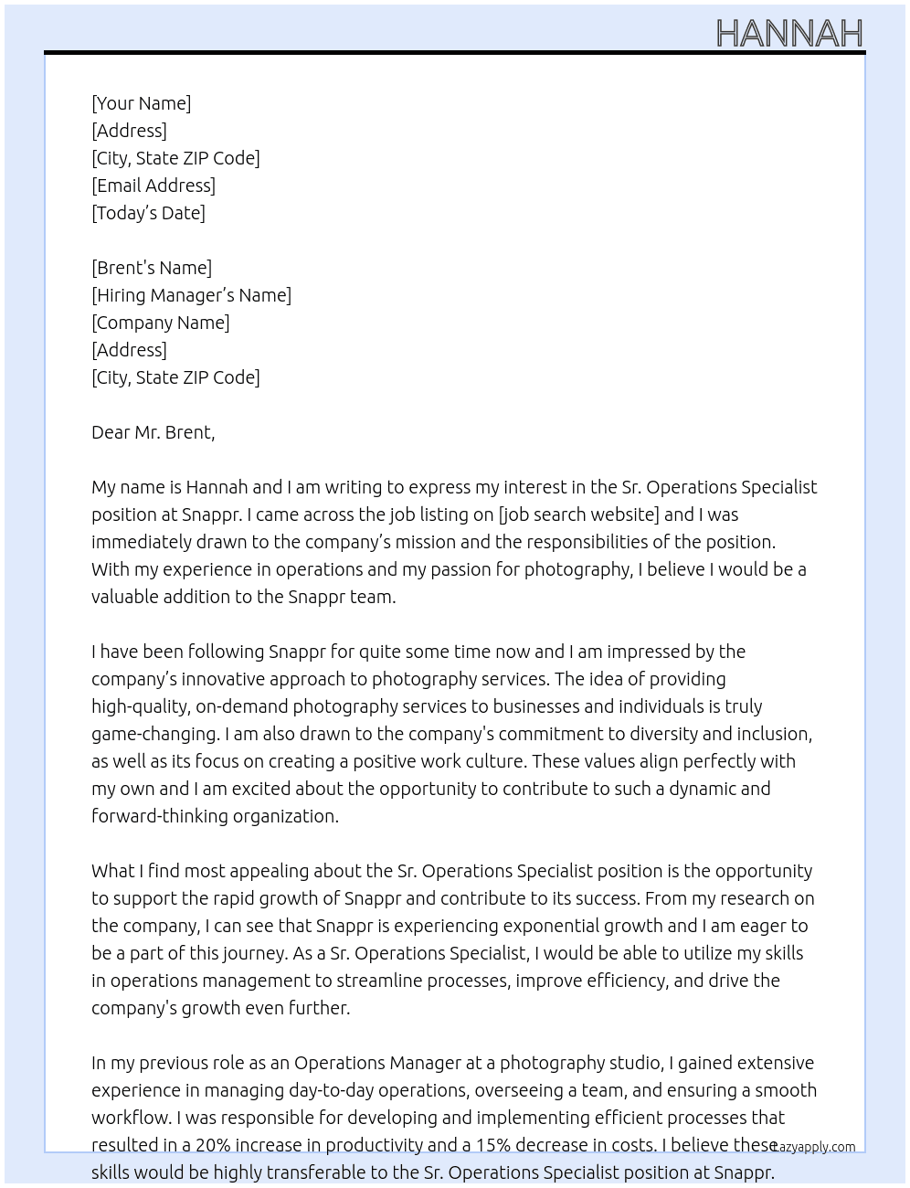 Sr. Operations Specialist At Snappr Cover Letter
