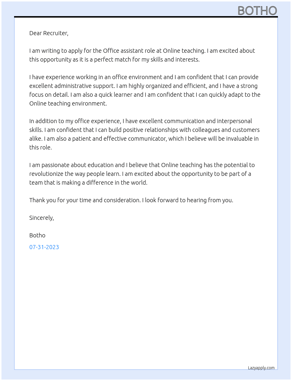 Officeassistant At Online teaching  Cover Letter