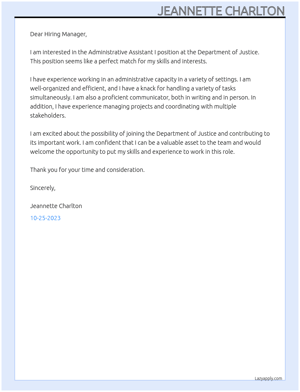 Administrative Assistant I At Department of Justice Cover Letter