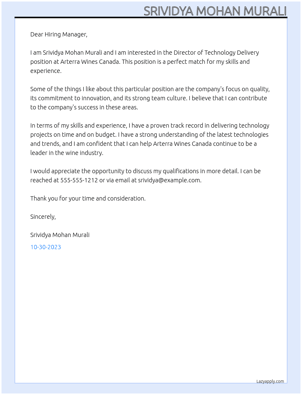 Director of Technology Delivery At Arterra Wines Canada Cover Letter
