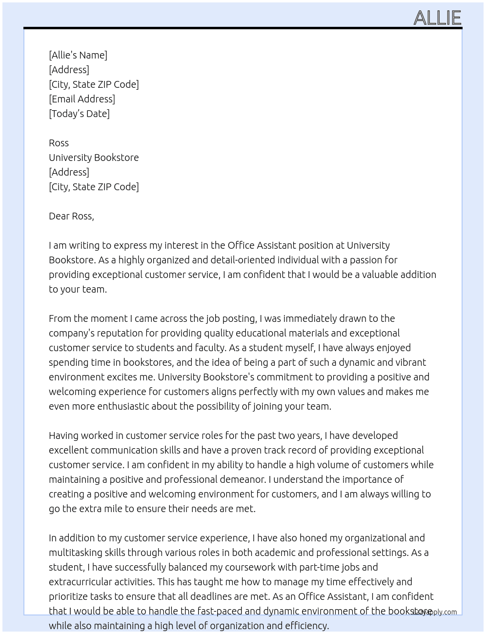 Office Assistant At UNIVERSITY BOOKSTORE Cover Letter