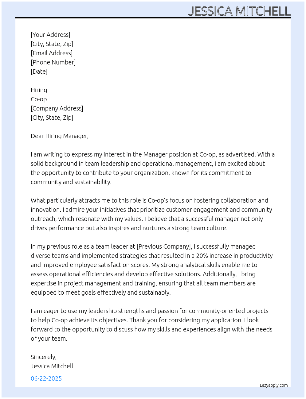 manager At co op Cover Letter